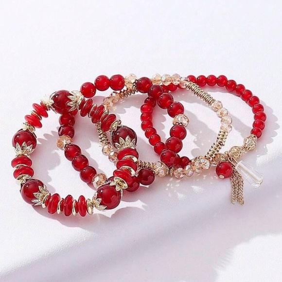 Elegant Red and Gold Beaded Bracelet Set - Picture 3 of 5